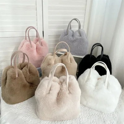 Autumn and Winter New Large Capacity Bucket Bag Handbag Fashionable Rabbit Hair Plush Bag Tote Bag