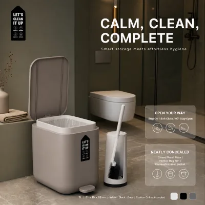 Matte ABS Plastic Pedal Trash Can Anti-Fingerprint Step Garbage Bin with Soft Close Lid and Toilet Brush Holder for Bathroom