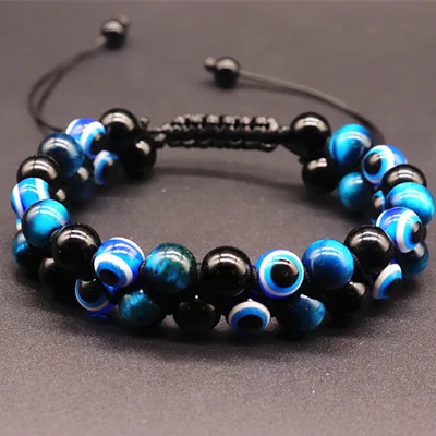 New Evil Eyes Black Magnetic Beaded Bracelet Adjustable Double Layer Natural Tiger Eye Stone Blue Eyes Braided Rope Bracelet