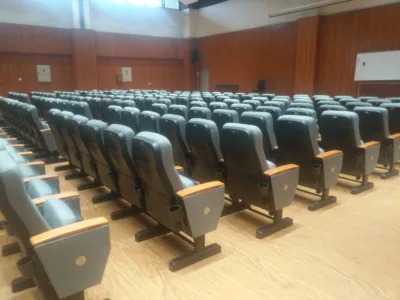 Blue 5-seater Ergonomic Theater Auditorium Chair Upholstered Fabric Seat for Conference Centers Foldable
