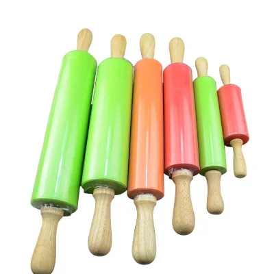 Wholesale Eco-Friendly Baking Tools Green Silicone Rolling Pin with Solid Wood Handle Non-stick Custom Logo