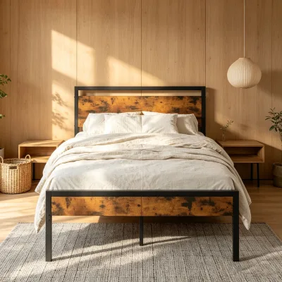 Factory Vintage Wood Effect Metal Bed Sturdy Steel Slat Support Rustic Mixed Iron Bed for Apartment Hotel Bulk Supply