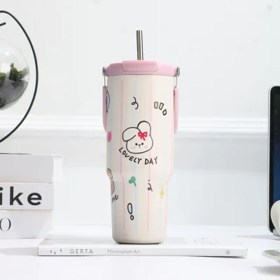 Manufacturer Supply Kawaii Animal Print Thermal Tumbler Portable Handle Stainless Steel Water Cup Custom Logo For Holiday Gift