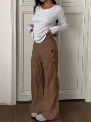 OEM Custom Women's All Seasons Elastic Waist Breathable High Quality Knitted Casual Pants Knight Embroidery Brown Straight Pants