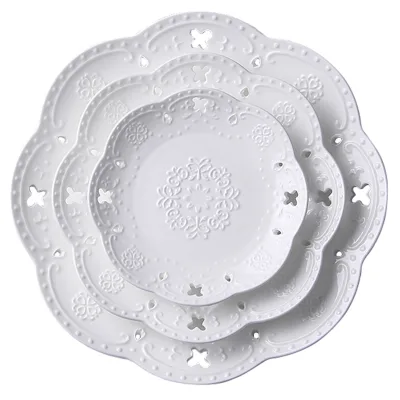 European and Western Style Ceramic Plate, Including Embossed Steak Plates, Lace Flower Trimmed Cake Plates.