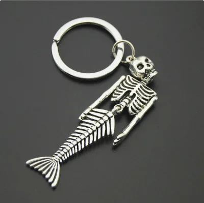 Wholesale Western-style Mermaid Skeleton Halloween Keychain Pendant Gothic Vintage Fishbone Charm Pendant Key Ring Holder