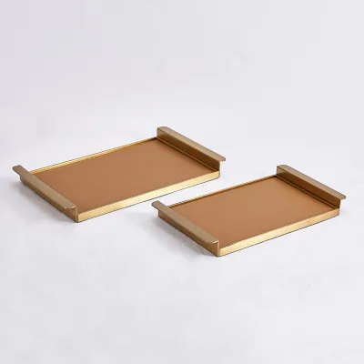 Bulk Order Premium Dual-Size Brushed Gold & Leather Serving Tray for Luxury Hotel Projects & Wholesale Buyers