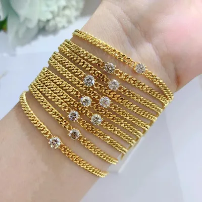 Charm Fashion Women Cuban Link Chain 0.3ct 4mm Lab Diamond 18k Solid Gold 3mm Width Bracelet Customized