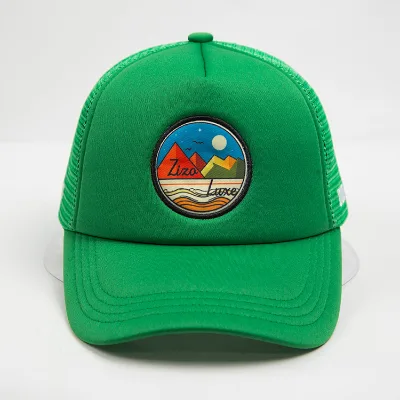 Custom Green Mesh Fabric Vintage Trucker Hat Retro Mountain Landscape Circular Woven Patch Breathable Outdoor Letter Snapback