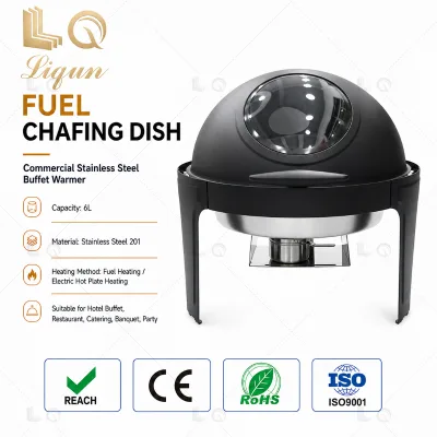LQ Chafing Dish 6L Black Round Hydraulic Visual Glass Lid Stainless Steel Food Warmer Thickened for Hotel Breakfast Wholesale