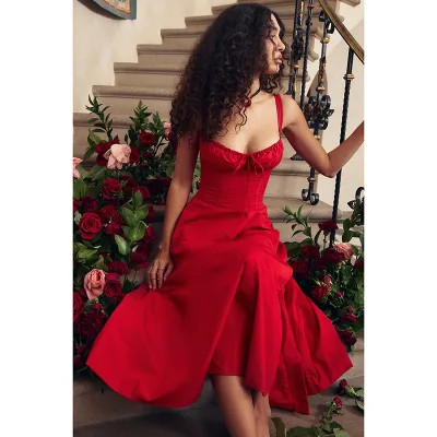 High Quality Red Midi Slit Western Dress Corset Back Strap Knee Length Breathable Embroidered V-Neck Puff Sleeve Size XS Day