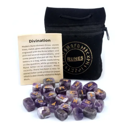 Engraved Natural Amethyst Rune Stones Set with Velvet Pouch Nordic Divination Stones for Meditation Gift
