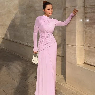 Women's Dress Elegant Sweet Style Solid Color Simple Cross Pleated Design Hip Hugging Banquet Dress