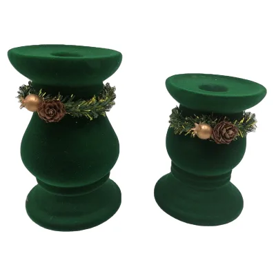 Personalized Flocked Green Ceramic Christmas Candle Holder - Decorative Candlestick Stand for Holiday Decor, Custom Xmas Gift
