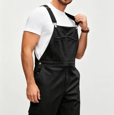 Men Black Corduroy Overalls Adjustable Shoulder Straps Front Pocket Loose Wide Leg Bib Overall Pants