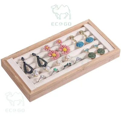 Trendy Square Modern Bamboo Storage Jewelry Gift Box with Ring Display Holder & Earring Organizer