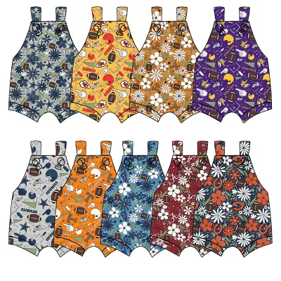 Wholesale Kids Clothing Soft Fabric Cute Custom Printed Short Romper Tie up Football Collection Bubble Short Overall