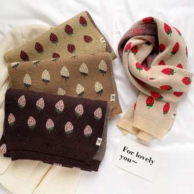 New Style Strawberry Knitted Scarf Winter Wool Japanese Student Versatile Cute Fruit Knitted Scarf