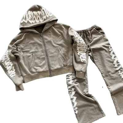 Cheap Price Breathable Jogger Set Applique Embroidery Tracksuit Heavyweight Zip-Up Hoodie and Flared Sweatpants Set for Men