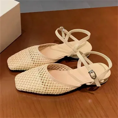 Summer New Design Hollow Out Breathable Mesh Square Toe Women Pumps Sandals Elegant Buckle Strap Low Heels Shoes