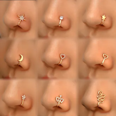 Fancy Day Gold Silver Color Zircon Star Heart Crown Nose Ring No Piercing Clip on Cross Nose Clip Women Jewelry Faux Piercing