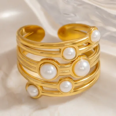 OEM Jewelry French Classical Retro Bowen Wave Imitation Pearl Ring Stainless Steel 18K Gold Plated Simple Fashion Ring for Women