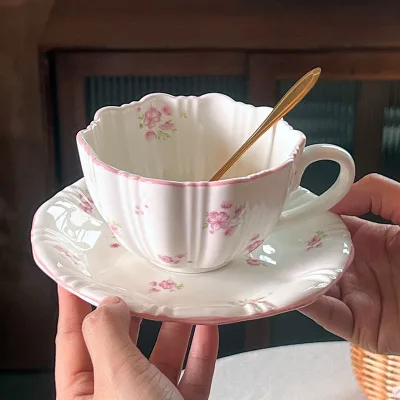 Lovely 3D Cherry Relief Ceramic Coffee Tea Cup and Saucer, Floral Pattern, Fits With Young Aesthetics