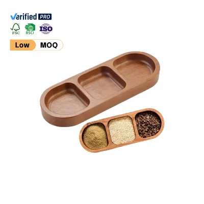 Wholesale Three Compartment Acacia Wood Spice Tray Divided Oval Condiment Serving Dish Kitchen Organizer for Spices Dips Snacks