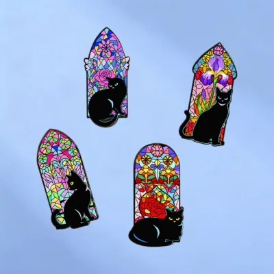 Gothic Black Cat Lapel Pin Vintage Stained Glass Window Brooch Badge for Clothes Backpack Decoration