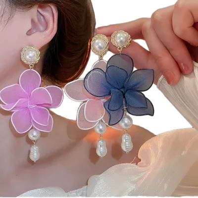 Boho Earrings, Fabric Flower Earrings, Pearl Tassel Earrings, Vacation Style Jewelry, Elegant Dangle Earrings