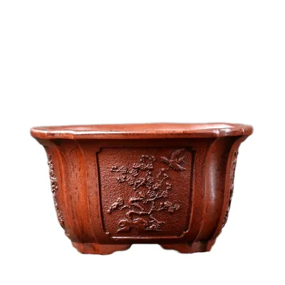 Classic Unglazed Handmade Yixing Purple Clay Hand-Carved Outdoor Bonsai Pot for Gift