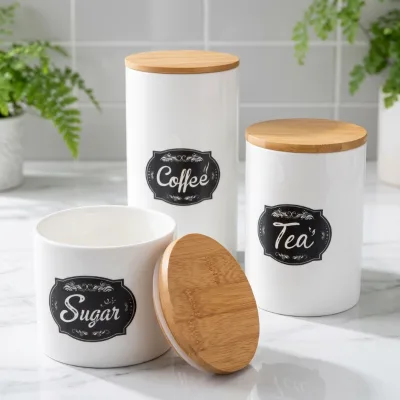 Wholesale Custom Logo Ceramic Food Storage Jars with Bamboo Lids for Tea Coffee Sugar Kitchen Canisters