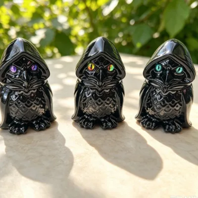 Wholesale Obsidian Wizard Owl Polished Craft Collectible Home Decor Tabletop Ornament Irregular Shape Engraved Feng