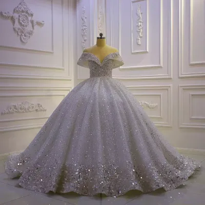 2024 New Arrival Custom Premium Luxury Plus Size Off Shoulder Sequin Lace Wedding Dress Elegant Bride Wedding Dress