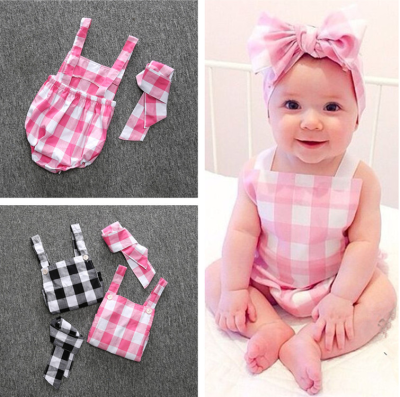 2016 Hot Sale for Newborn Baby Gir Pretty Sleeveless Cotton Checked Clothing Set From America