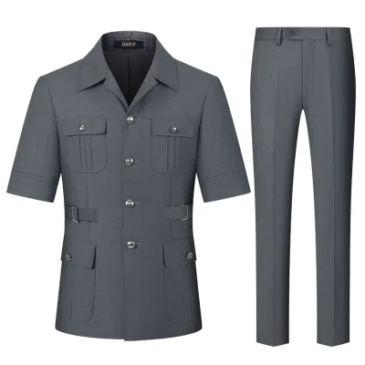 Grey Multi-Pocket Short Sleeve Men Business Suit 2 Pieces Slim Fit Formal Lapel Button Blazer With Trousers for Staff Daily Work