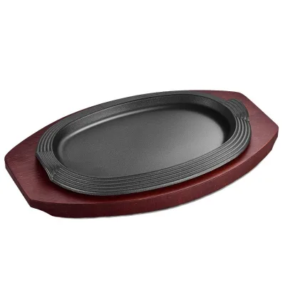 Custom logo Cast Iron Sizzling Plate Steak Grill Pan with Wooden Tray Base for Japanese Teppanyaki Korean BBQ Restaurant Use