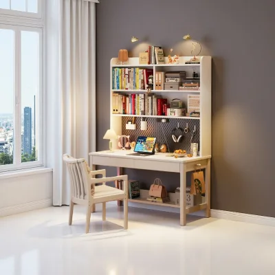 Contemporary Adjustable Solid Wood Eco-Friendly Study Desk Bookcase Combo Safety Student Writing Computer Table Bedroom Home Use