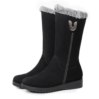 New Arrival Women Chelsea High Furry Boots Women Winter Shoes Women Chunky Mid-Calf Plush Snow Flat Boots Zip-up Botas De Mujer