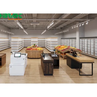 Modern Supermarket Cashier Checkout Counter Desk Wooden Fruit Stand Interior Design