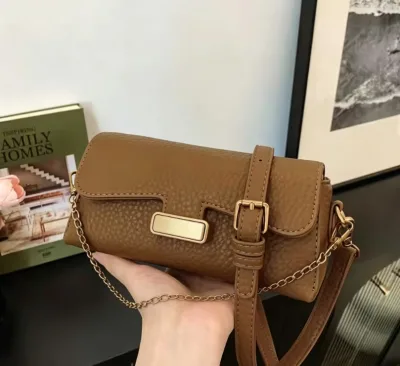 Korean-style Women's Genuine Leather Lining Chain Crossbody Shoulder Bag High-End Vintage Versatile Small Square Zipper Closure