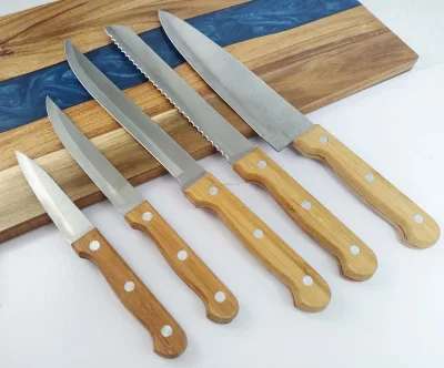 Natural Bamboo Handle Kitchen Knives With Bamboo Holder Stainless Steel Chef Cooking Knives 8" Blades