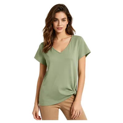 Wholesale Women's V-Neck Solid Color T-Shirt, Short Sleeve Casual Basic Top with Custom Logo