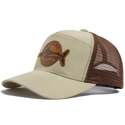 Slightly Curved Brim Hip Hop Casual Spliced Mesh Trucker Hat with PU Leather Shark Logo