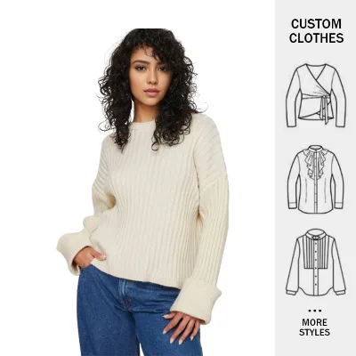Customized Fashion Elegant Temperament New Solid Color Round Neck Knitted Ribbed Long Sleeve Sweater Women's Casual Sweater