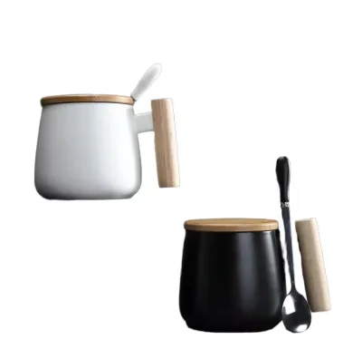 Ceramic Mug Home Office Tea Milk Coffee Cup with Lid and Spoon Ceramic Coffee Mug with Wooden Handle