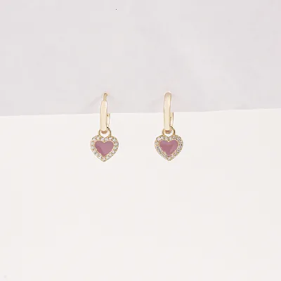 Cute 925 Sterling Silver Polished Circle Earrings Gold Plated Pink Enamel Zircon Heart Drop Earrings Women Girls Trendy Weddings