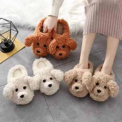 Wholesale Kawaii Teddy Dog Plush Slippers Soft Winter Warmth Animal Plush Puppy Fluffy Home Cotton Stuffed Plush Kids Slipper