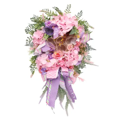 Artificial Flower Wreath Teardrop Shape Pink Purple Hydrangea Roses Burlap Bow Happy Mother's Day Gift Door Wall Hanging Decor