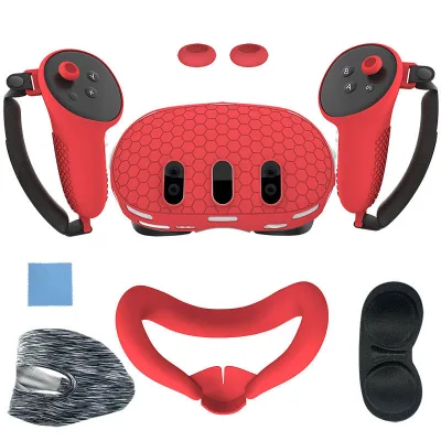 VR Protection Bundle Silicone Cover Sleeve Anti-sweat Eye Mask Face Pad Lens Cover Controller Thumb Grips for Meta Quest 3